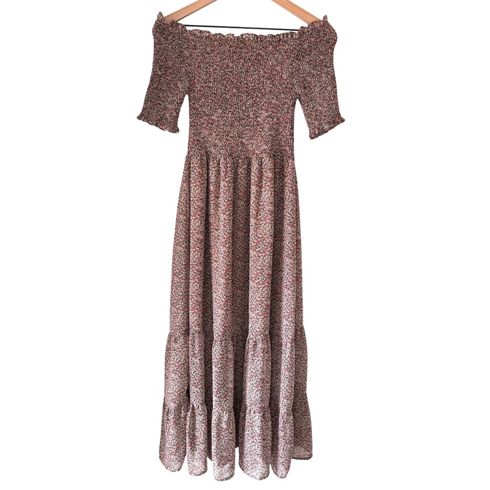 Böhme Maxi Dress Sz L Floral Smocked Off-Shoulder Bloomcore Boho Cottage Prairie